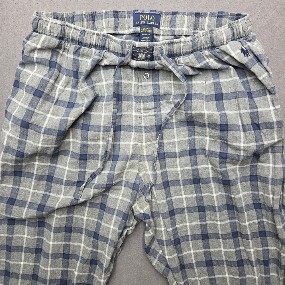 Polo Ralph Lauren Mens XL Grey Blue Plaid Flannel Pajama Sleep Pants Drawstring - Picture 5 of 12